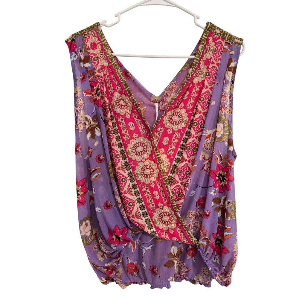 Free People Cobalt Combat MEDIUMTank Top Mesh Floral Surplice Bodice Boho Hippie - Picture 2 of 7
